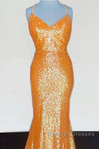 Mermaid Orange Sequin V Neck Dress