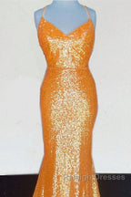 Mermaid Orange Sequin V Neck Dresses