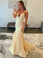 Mermaid Orange V Neck Sequins Prom Dress