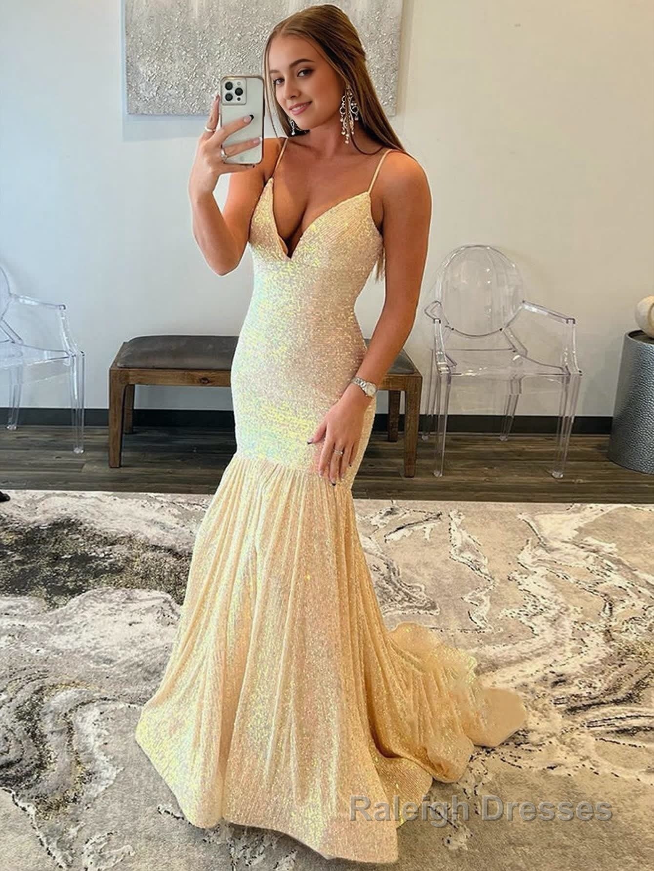 Mermaid Orange V Neck Sequins Prom Dress Secondary image