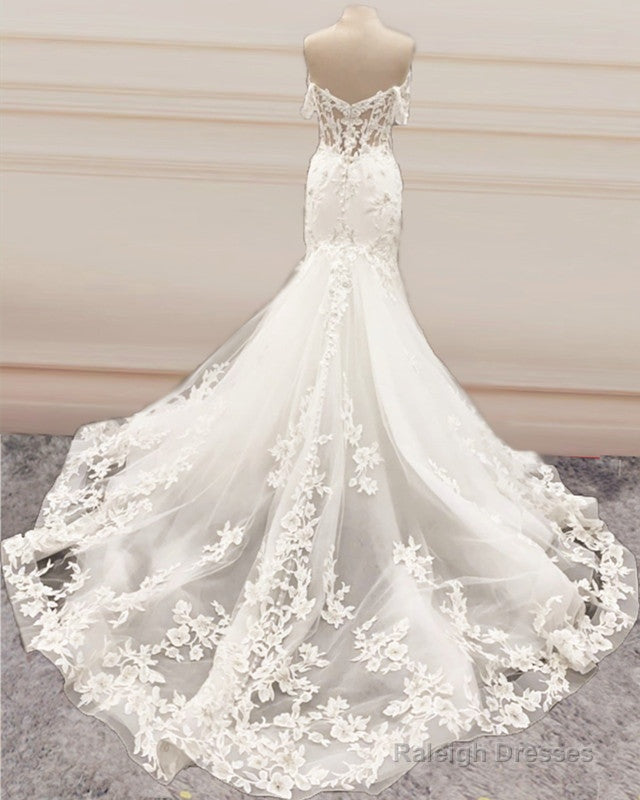 Mermaid Organza Wedding Dress Ruffles Off Shoulder Embroidery