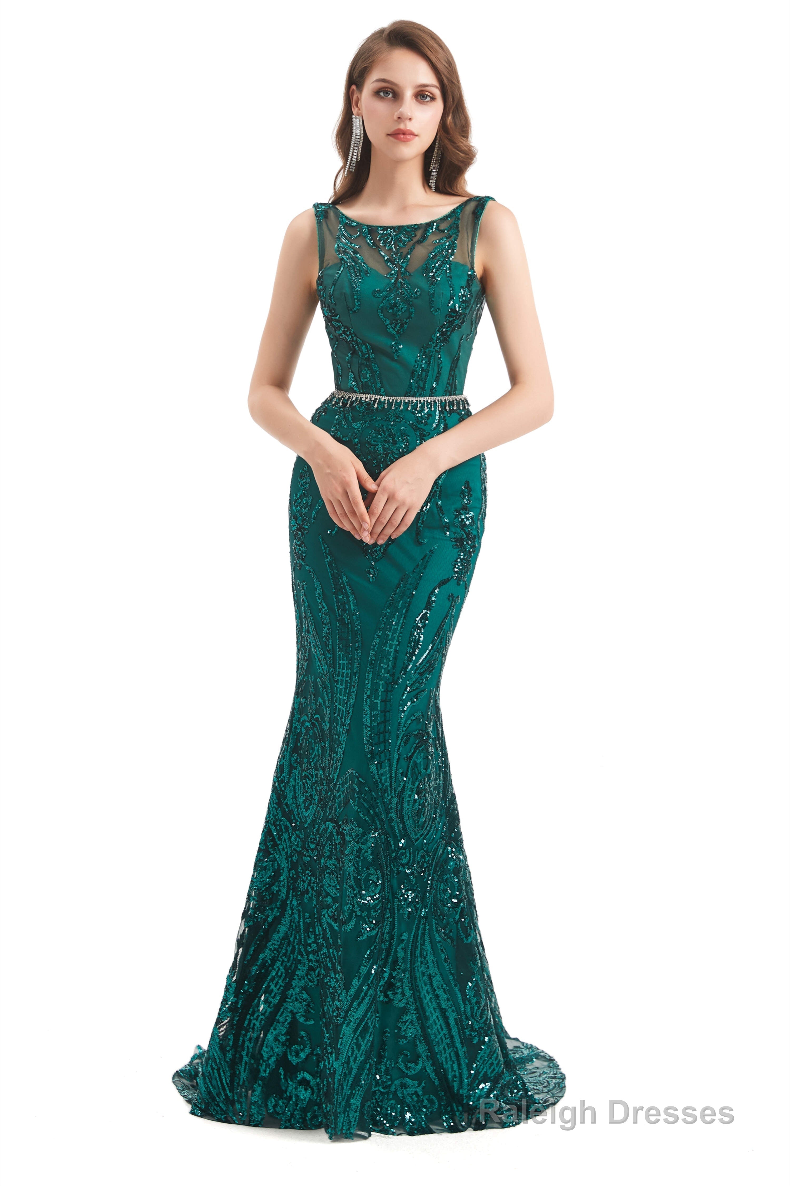 Mermaid Pattern Sleeveless Lace Prom Dresses with Belt Main image