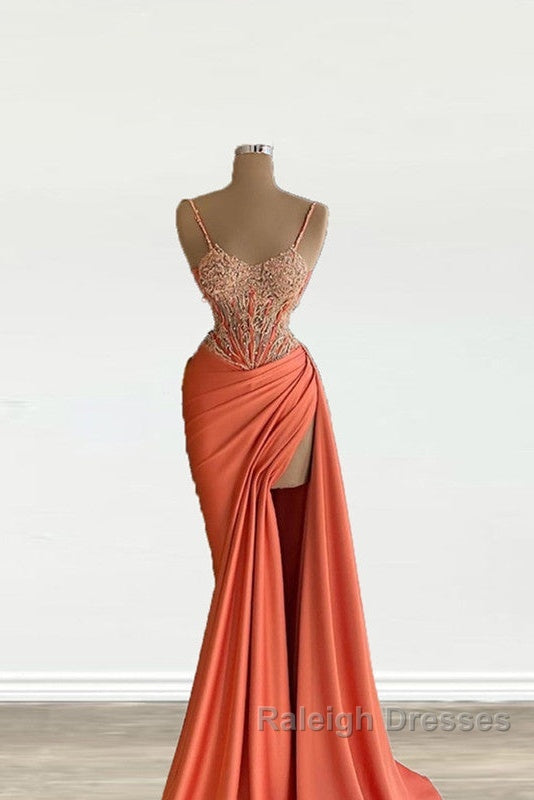 Mermaid Peach Prom Dresses Appliques With Slit