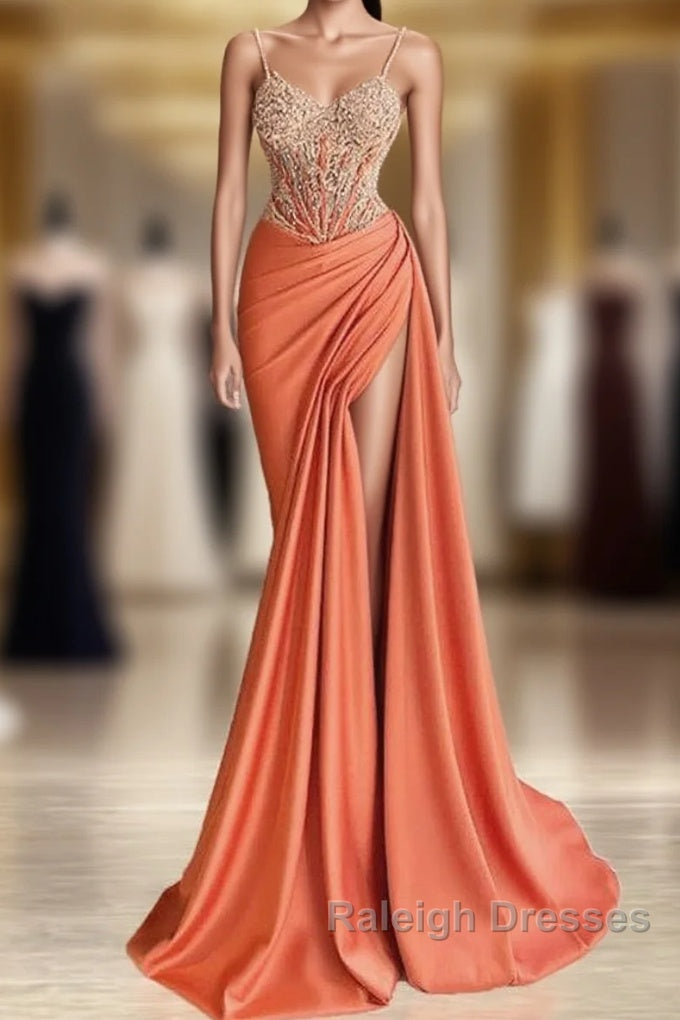 Mermaid Peach Prom Dresses Appliques With Slit Main image
