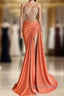 Mermaid Peach Prom Dresses Appliques With Slit