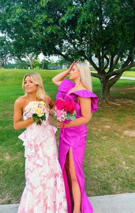 Pink Fashion Elegant Off-Shoulder Printed Floral Mermaid Slim Fit Long Ruffled Ball Gown Evening Dress Formal Party Dress