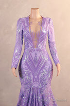 Mermaid Prom Dresses High Neck Long Sleeve Purple Sparkly Sequin Mermaid Long Prom Dresses