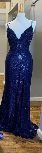 Mermaid Purple Sequins Prom Dresses Long with Slit Navy Blue Prom Gowns
