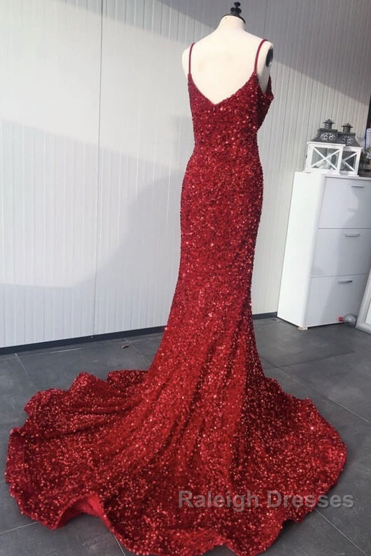 Mermaid Red Spaghetti Straps Velvet Sequin Prom Dress