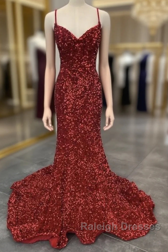 Mermaid Red Spaghetti Straps Velvet Sequin Prom Dress Main image