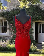 Mermaid Red V-Neck Satin Dress With 3D Flowers