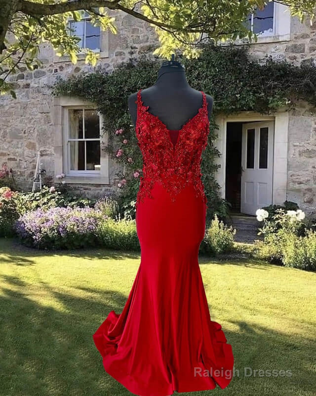 Mermaid Red V-Neck Satin Dress With 3D Flowers
