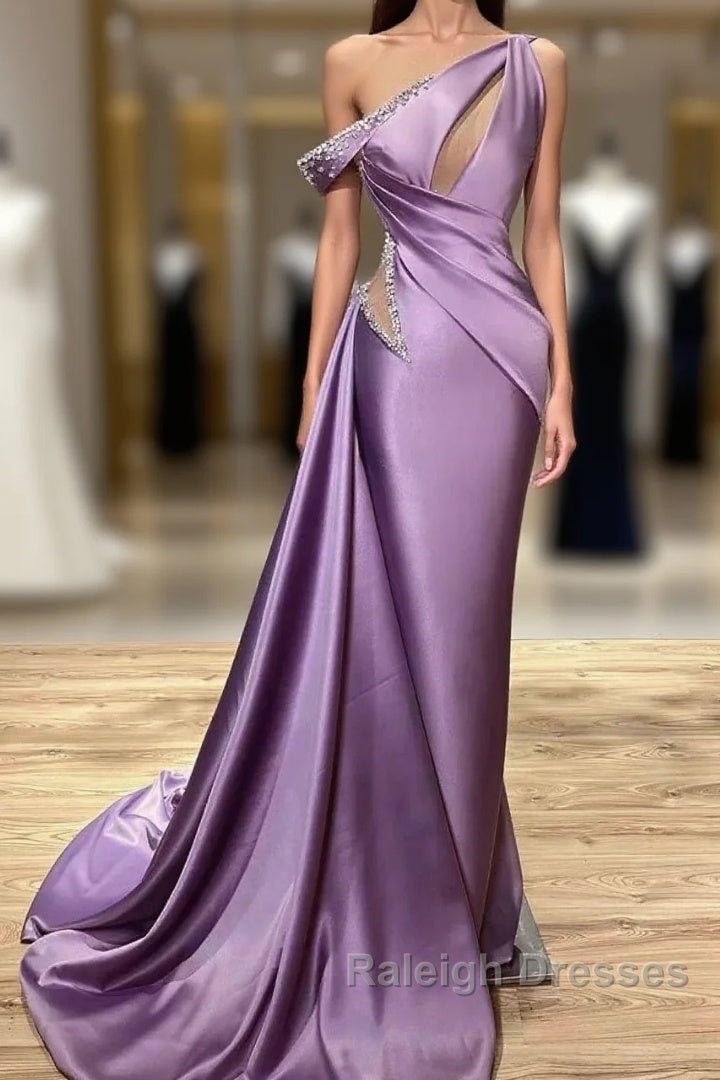 Mermaid Ruffle One Shoulder Lavender Beading Prom Dresses Main image