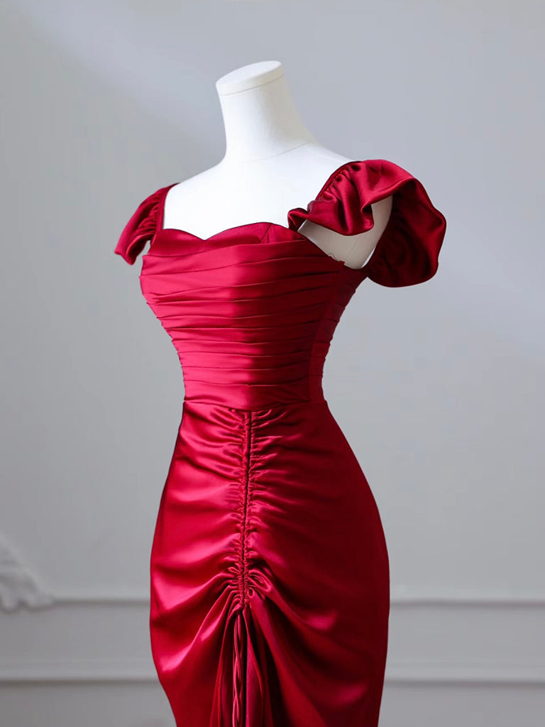 Mermaid Satin Burgundy Long Formal Prom Dress, Mermaid Burgundy Long Formal Dress