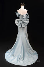 Mermaid Satin Floor Length Prom Dress, Blue Off The Shoulder Prom Prom Dress