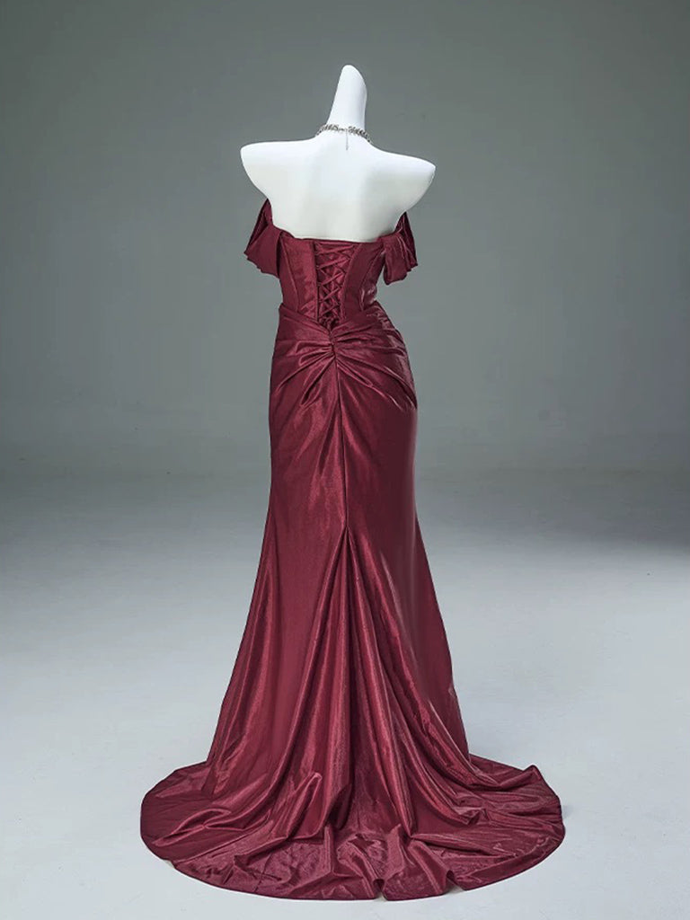 Mermaid Satin Off Shoulder Sweep Train Burgundy Formal Prom Dress Secondary image