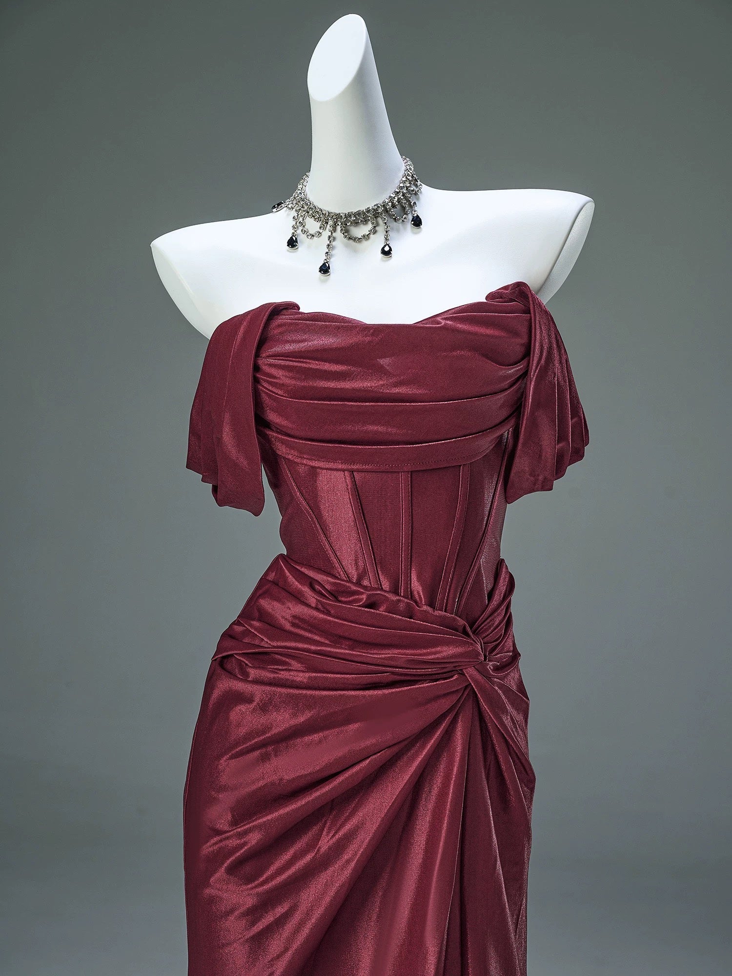 Mermaid Satin Off Shoulder Sweep Train Burgundy Formal Prom Dress