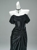 Mermaid Satin Off Shoulder Sweep Train Burgundy Formal Prom Dress