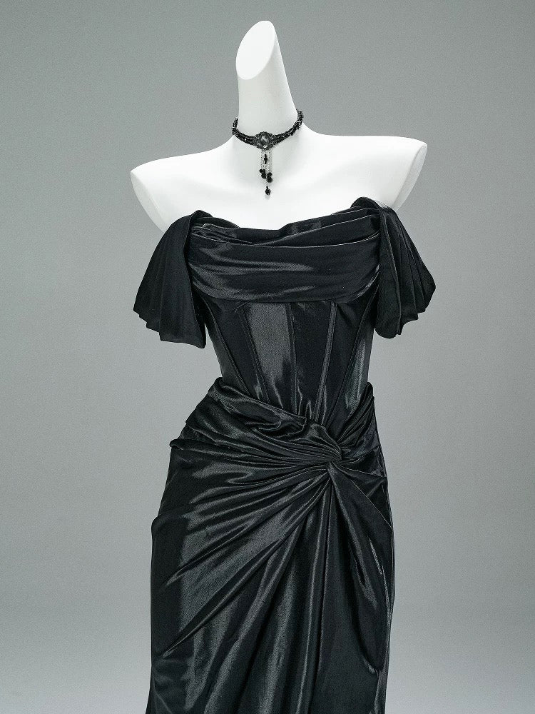 Mermaid Satin Off Shoulder Sweep Train Burgundy Formal Prom Dress