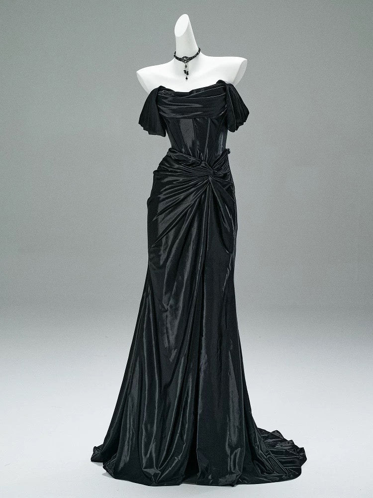 Mermaid Satin Off Shoulder Sweep Train Burgundy Formal Prom Dress