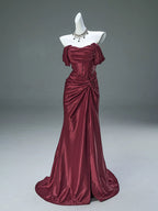 Mermaid Satin Off Shoulder Sweep Train Burgundy Formal Prom Dress