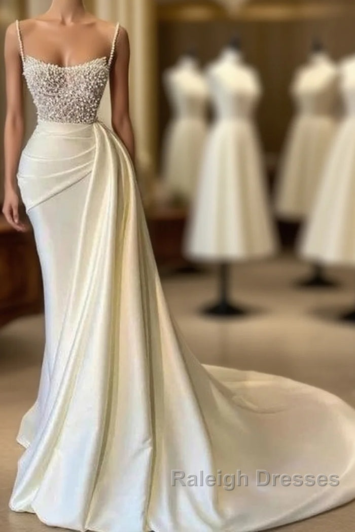 Mermaid Satin Spaghetti Strap Sweetheart Sequined Beaded Prom Dresses Long Gorgeous Prom Dresses