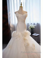 Mermaid Satin & Tulle Flowers Pleats Wedding Dresses