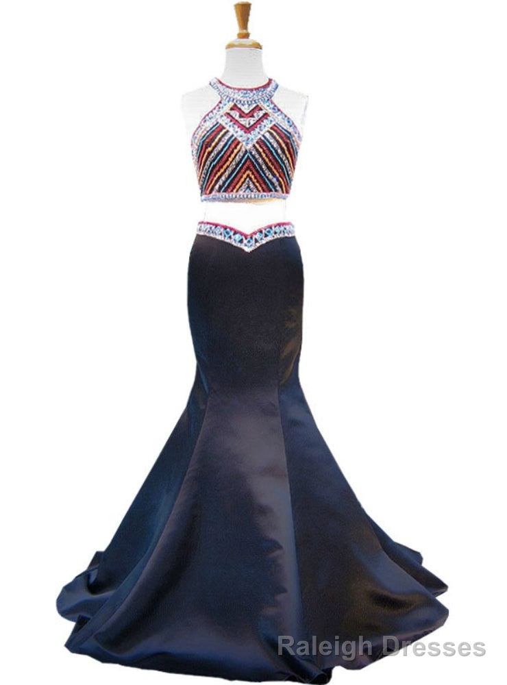 Mermaid Scoop Beaded Backless Black Two Piece Prom Dress Main image