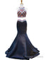 Mermaid Scoop Beaded Backless Black Two Piece Prom Dress