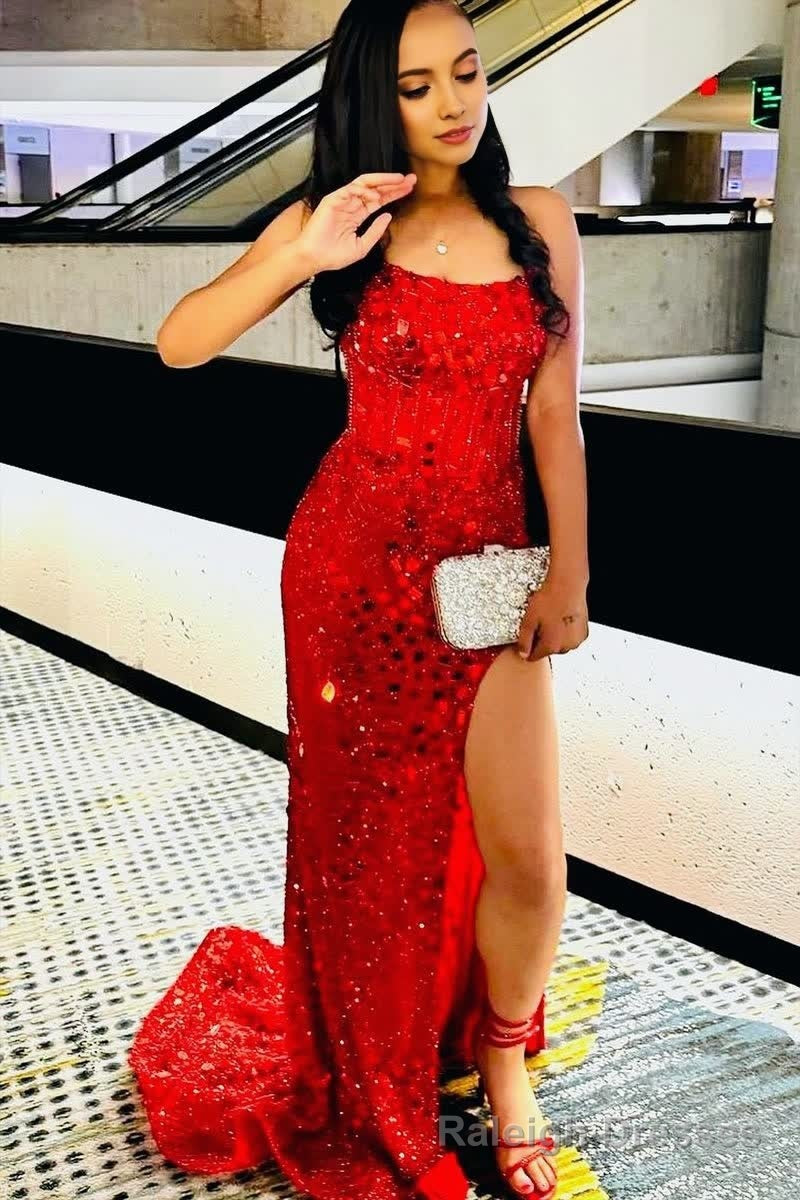 Mermaid Scoop Neck Red Sequins Prom Dresses with Slit Secondary image
