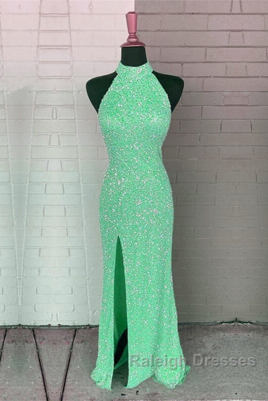 Mermaid Sequin Halter Slit Dress