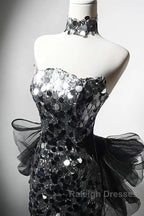 Mermaid Sequin Tulle Black Long Prom Dress, Black Long Formal Dress