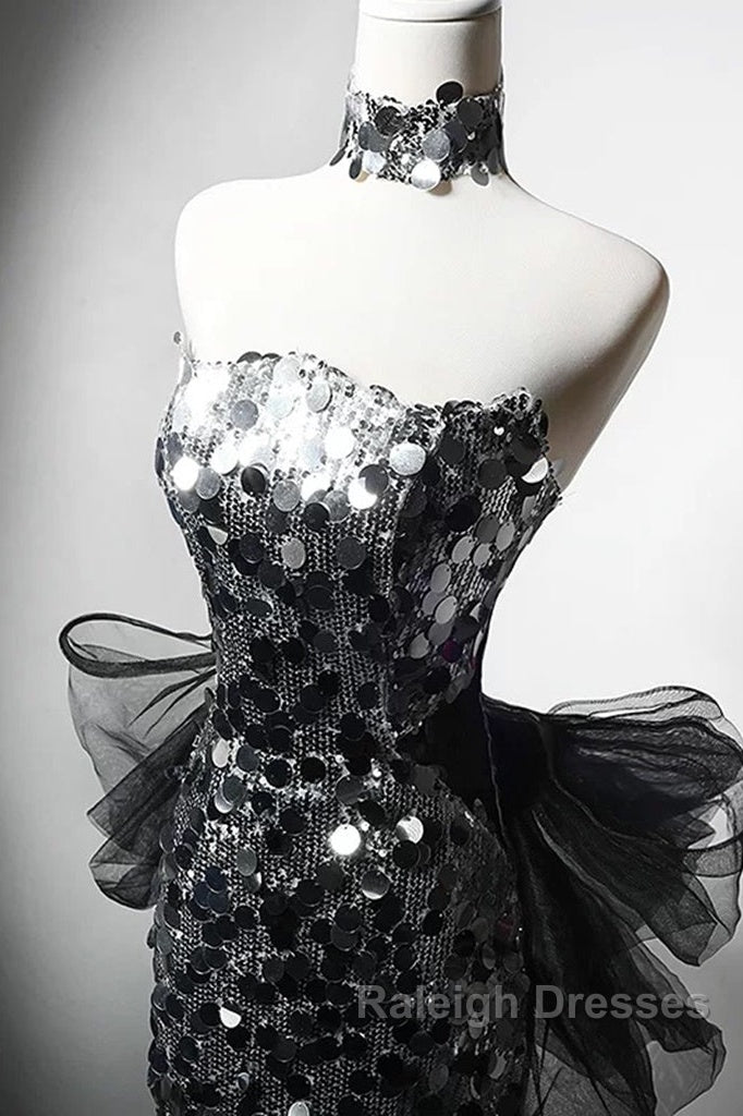 Mermaid Sequin Tulle Black Long Prom Dress, Black Long Formal Dress