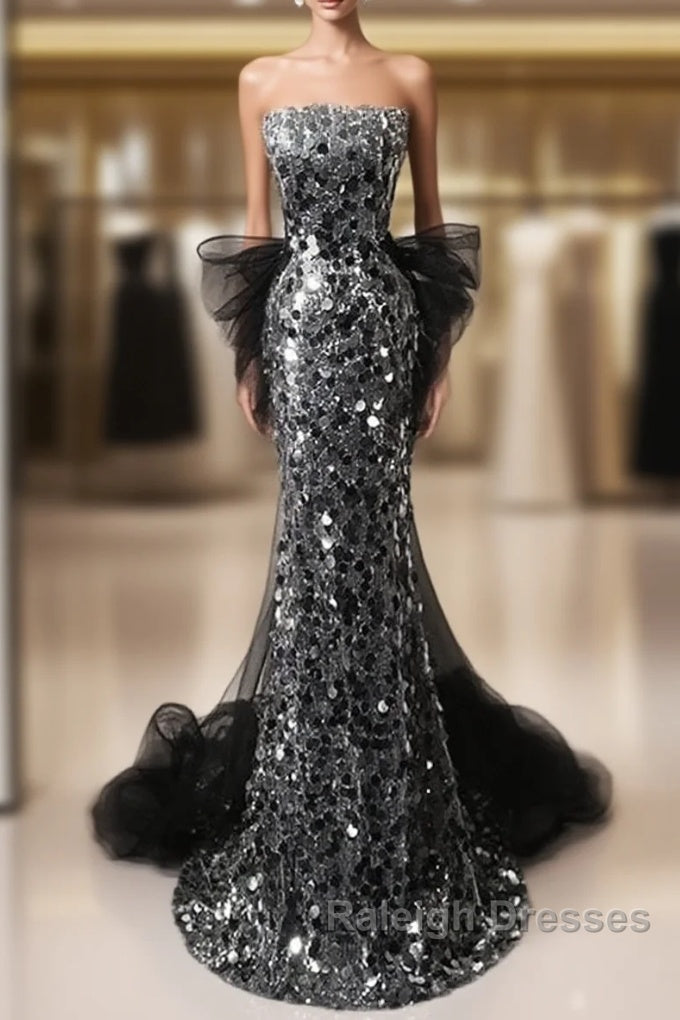 Mermaid Sequin Tulle Black Long Prom Dress, Black Long Formal Dress Main image