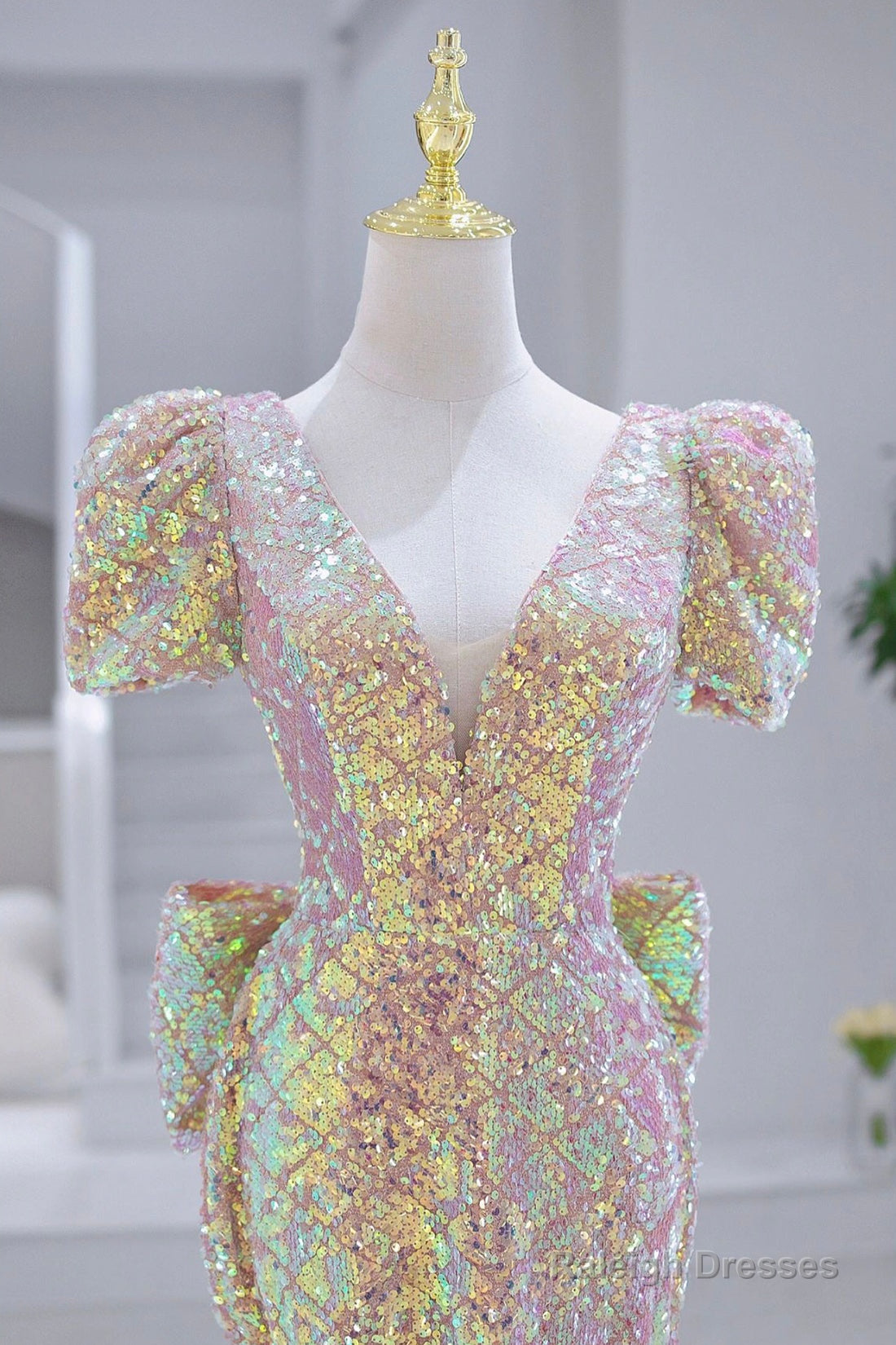 Mermaid Sequins Long Prom Dress, V-Neck Short Sleeve Evening Dress Secondary image