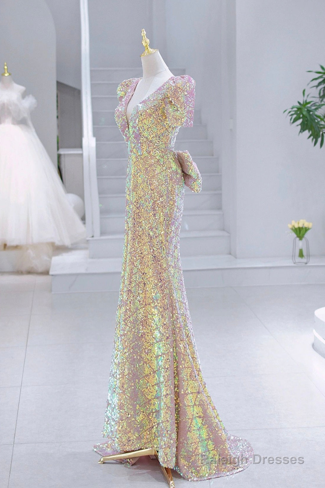 Mermaid Sequins Long Prom Dress, V-Neck Short Sleeve Evening Dress