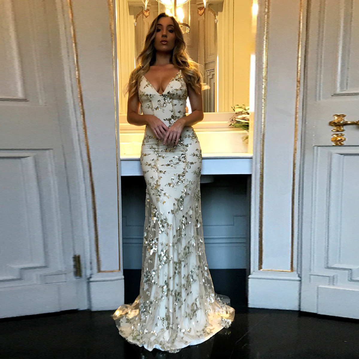 Mermaid Gold Sequin Tulle Long Backless Prom Dresses Prom Dresses