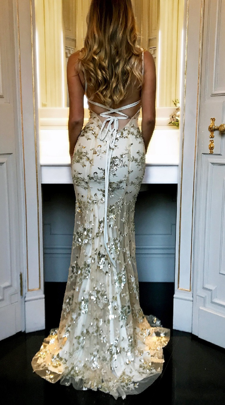 Mermaid Gold Sequin Tulle Long Backless Prom Dresses Prom Dresses