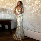 Mermaid Gold Sequin Tulle Long Backless Prom Dresses Prom Dresses
