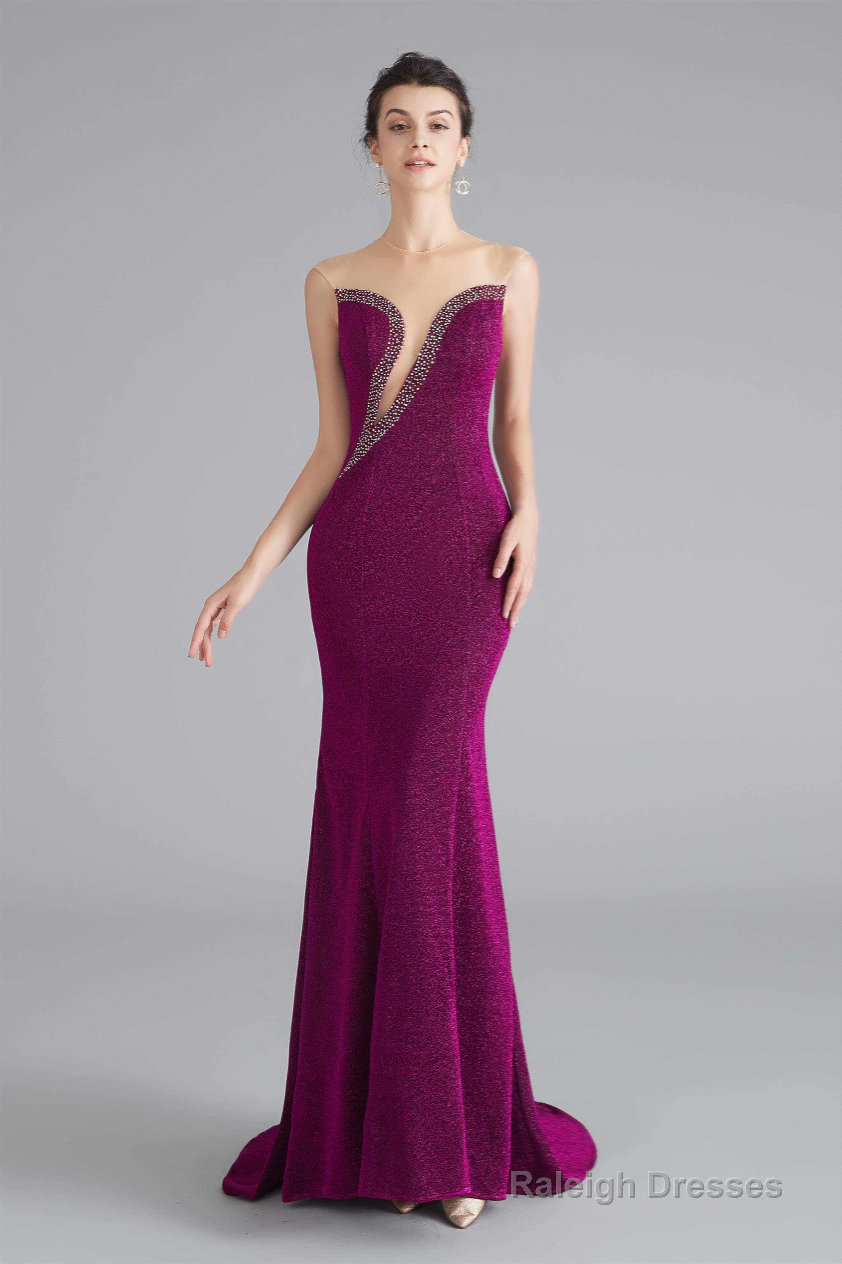 Mermaid Sheer Neck Beaded Sequins Satin Prom Dresses Main image
