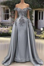 Mermaid Silver Satin Appliques Dress