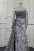 Mermaid Silver Sequin Beaded Off Shoulder Dress
