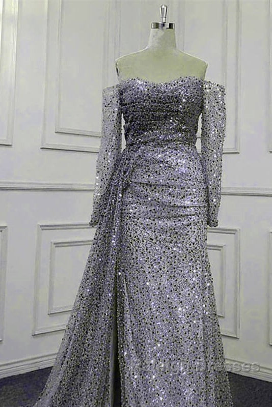Mermaid Silver Sequin Beaded Off Shoulder Dress