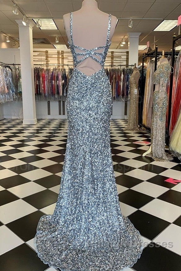 Mermaid Silver Sequin Prom Dress V-Neck Long Formal Gown Slit