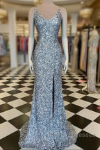 Mermaid Silver Sequin Prom Dress V-Neck Long Formal Gown Slit