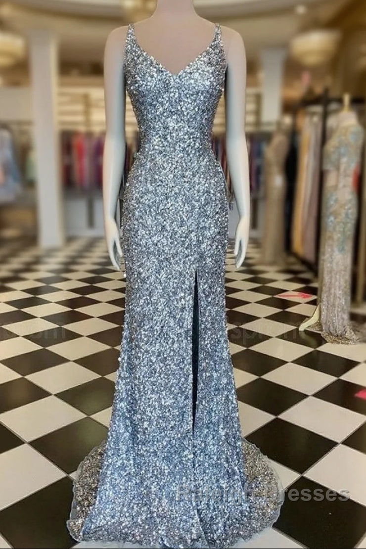 Mermaid Silver Sequin Prom Dress V-Neck Long Formal Gown Slit