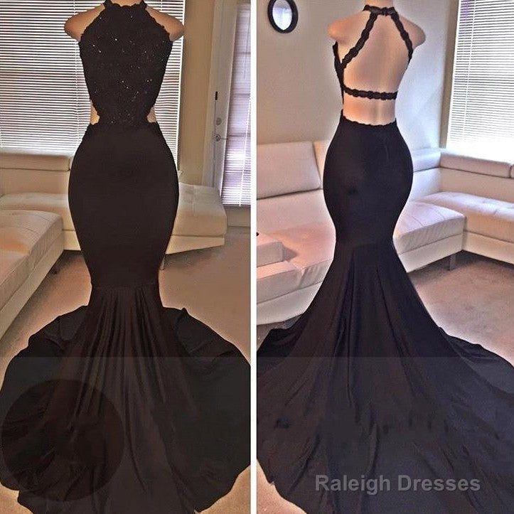 Mermaid Sleeveless Black Backless Lace Prom Dress