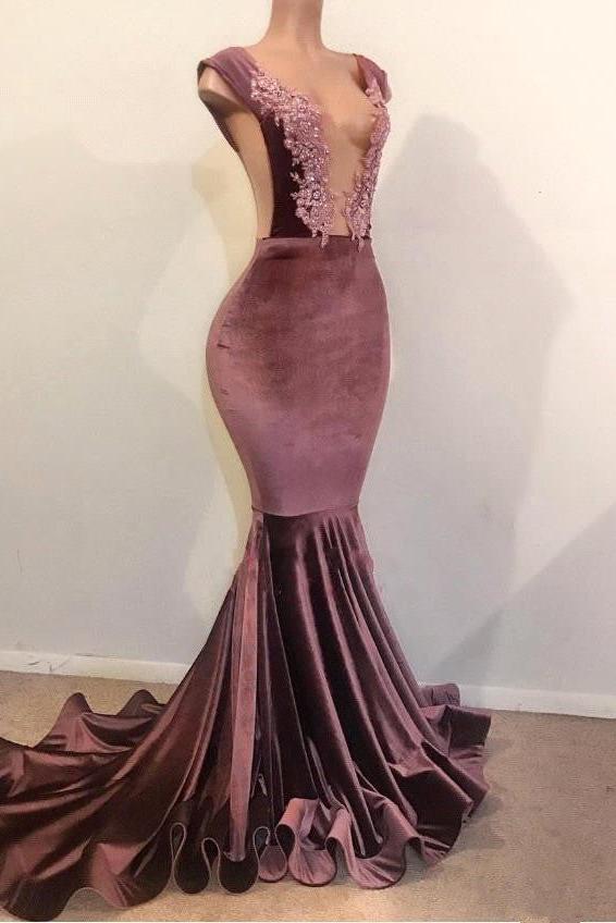 Mermaid Sleeveless Floor Length Appliques Velvet Prom Dresses