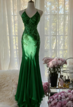 Mermaid Spaghetti Strap Chiffon Applique Prom Dress Long Temperament Prom Dress