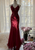 Mermaid Spaghetti Strap Chiffon Applique Prom Dress Long Temperament Prom Dress